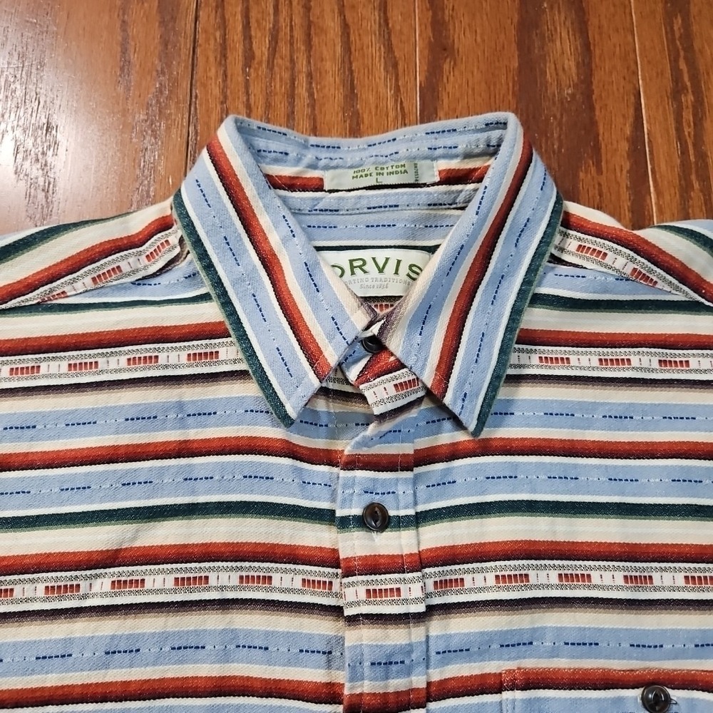 Vintage Orvis Button Up Shirt Mens Size Large Striped Blue Red Short Sleeve - Picture 4 of 7